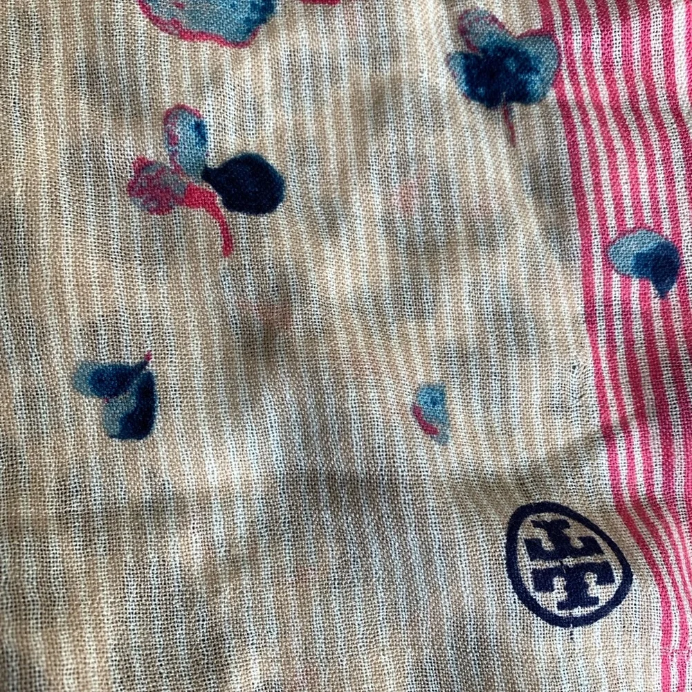 Tory Burch 72” Flower Print Scarf with Pink and Blue Accents